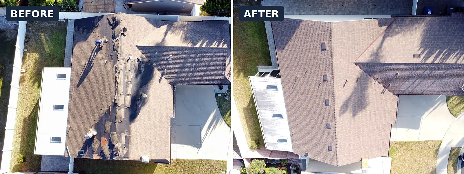 Before and after roof replacement in Oxnard, CA: worn dark shingles during tear-off vs. the finished light brown shingle roof